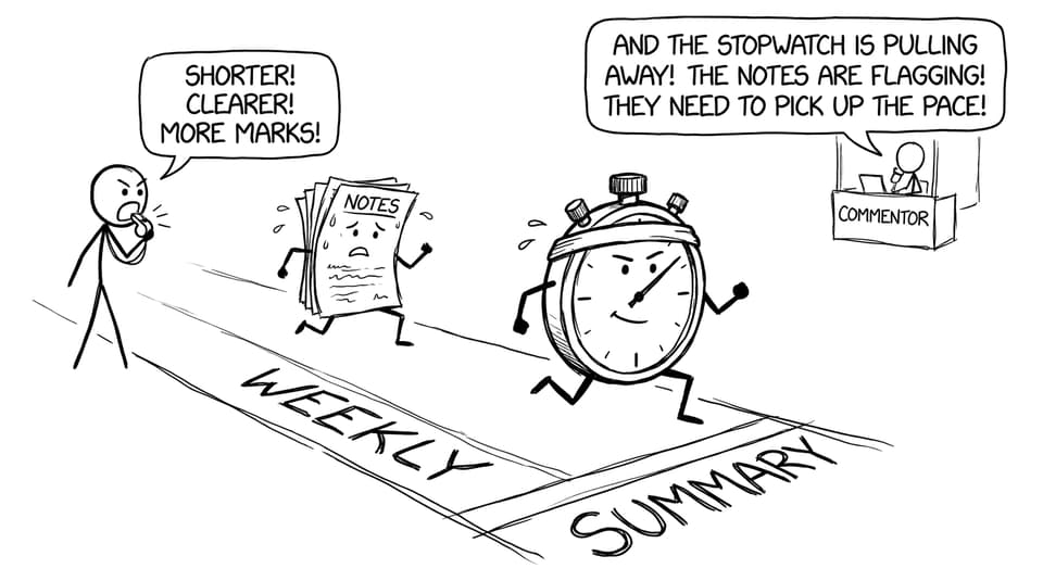 Notes racing a stopwatch on the weekly summary track