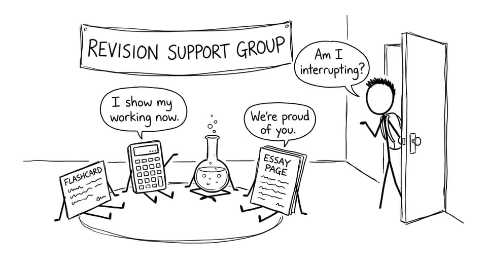 Revision tools hold a support-group meeting while a student waits at the door