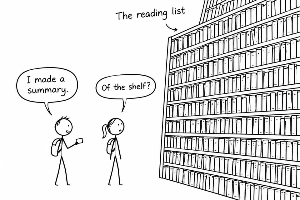Two students confront an enormous reading list while one holds a tiny summary card.
