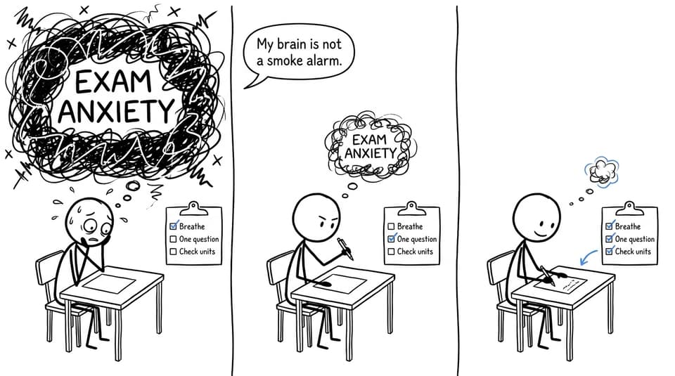 XKCD-style student shrinking an exam anxiety cloud with a calm checklist