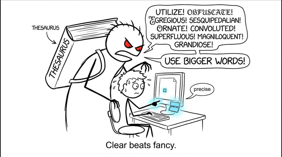 A nervous student ignores an anxiety monster demanding bigger words and chooses precision
