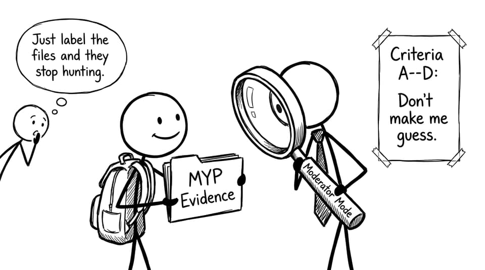 Student holding MYP Evidence folder while teacher uses Moderator Mode