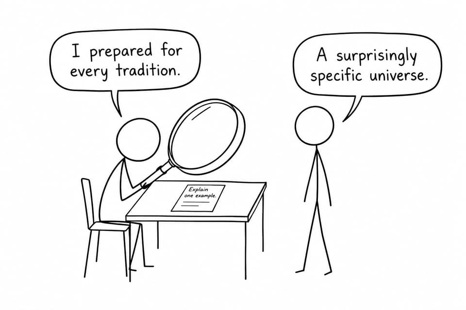 A student uses an enormous magnifying glass to inspect a tiny exam question while another student comments on its surprising specificity