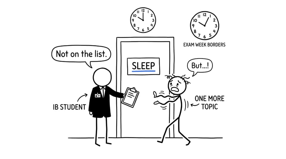 A student guards the bedroom door from one more revision topic