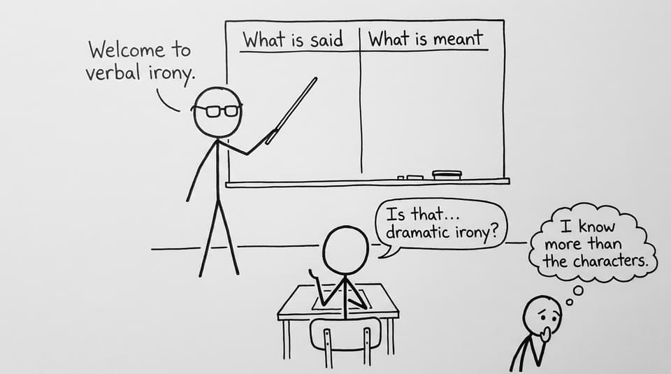 Teacher explains verbal irony while narrator whispers