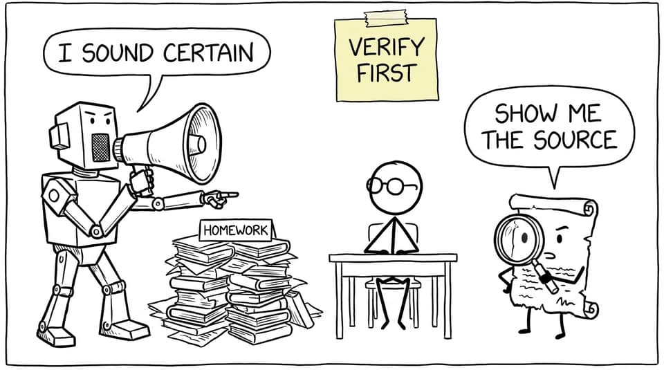 Comic showing a confident AI robot being asked to provide a source
