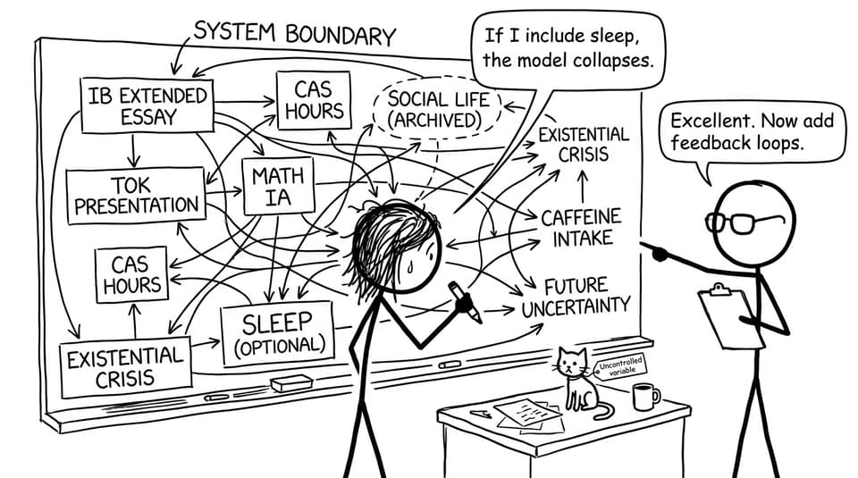 A student draws a massive system diagram that includes their entire life