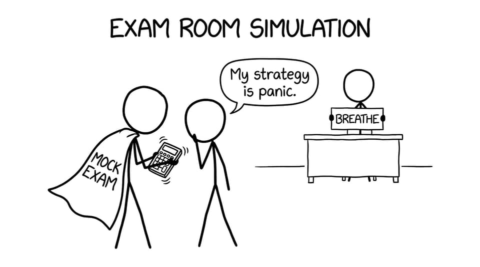 Exam simulation: one student’s strategy is “panic,” another wears a “Mock Exam” cape