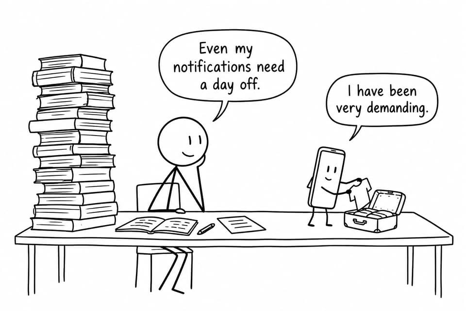 A student watches an overworked phone pack a suitcase for a quiet day without notifications.