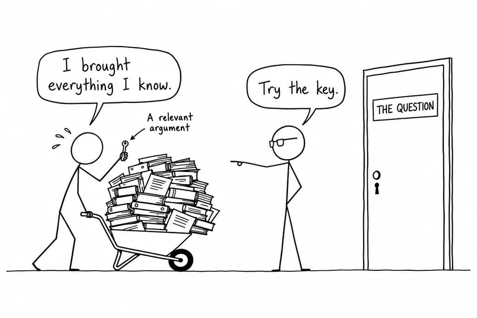 A student carrying a wheelbarrow of books is reminded by an examiner that a relevant argument is the key to answering the question.