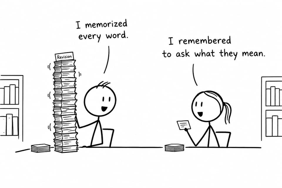 Two students compare memorizing every word with asking what the words mean beside a tower of revision cards
