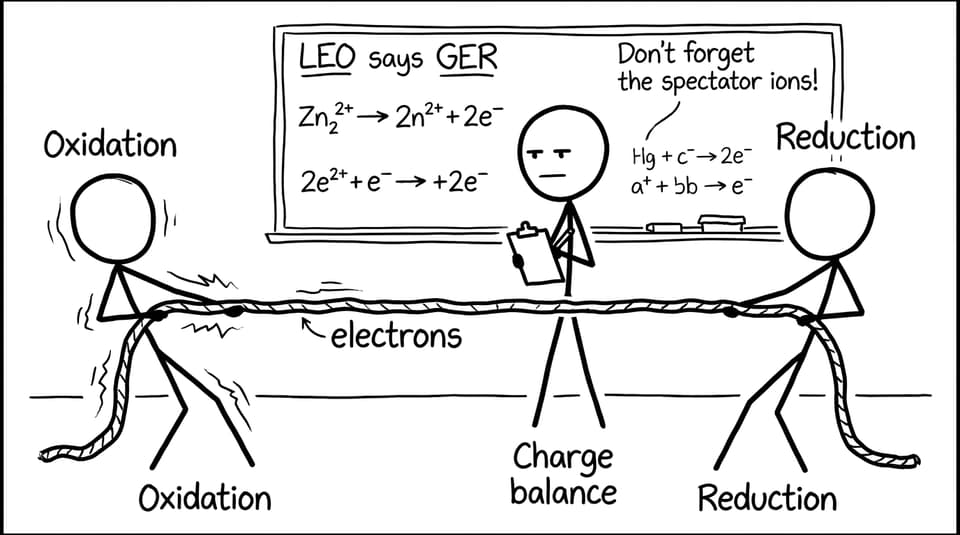 Oxidation and Reduction playing tug-of-war with electrons