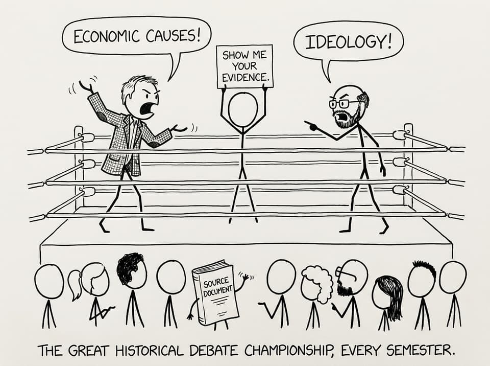 Two historians debating while student asks for evidence