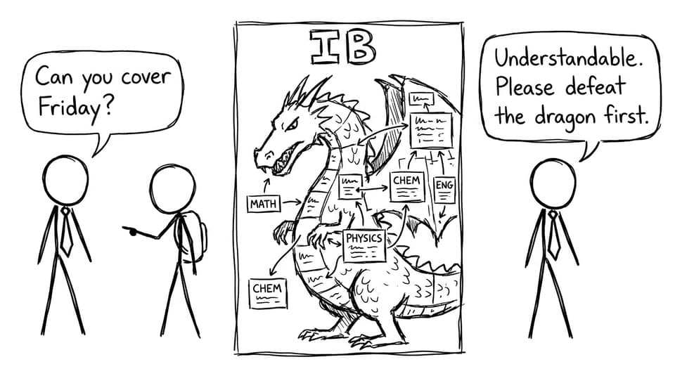 Manager asks “Can you cover Friday?” while an IB exam timetable looks like a dragon
