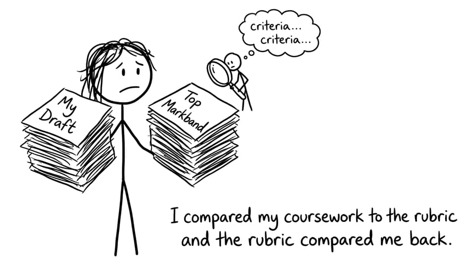 IB student comparing draft to rubric