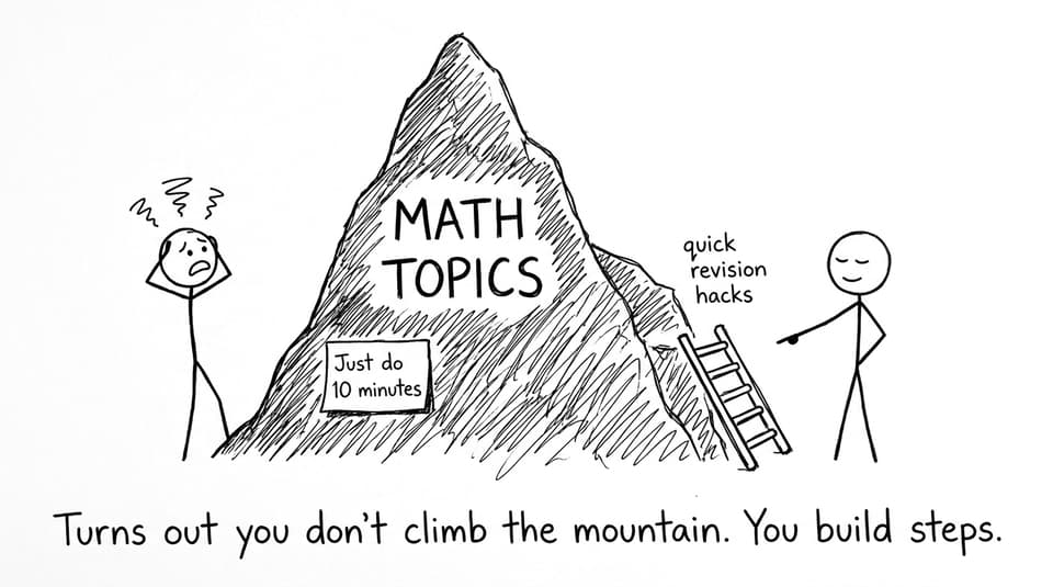 A mountain of topics and a tiny ladder labeled quick revision hacks