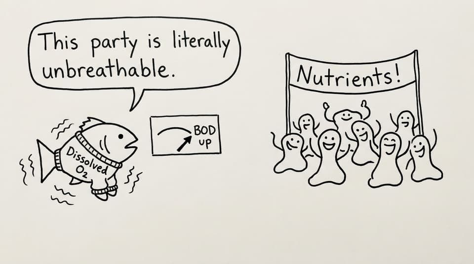 A fish complains about eutrophication like it is a party