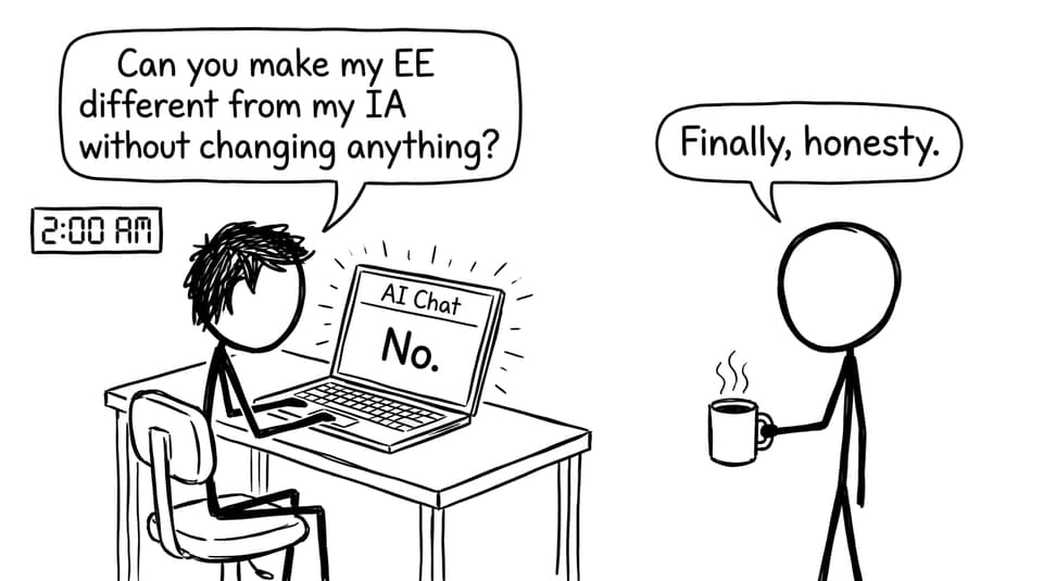 A student asks AI Chat to keep EE different without changing anything; laptop says no