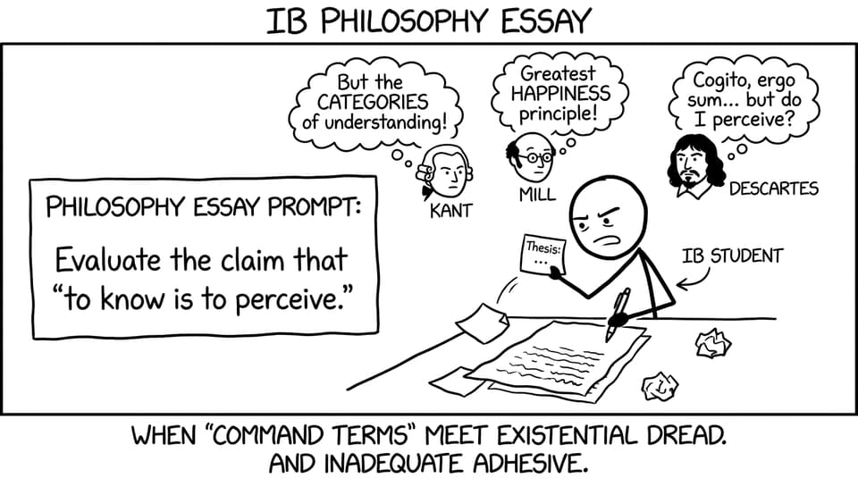 Stick-figure philosophers arguing while a student fights a falling thesis sticky note