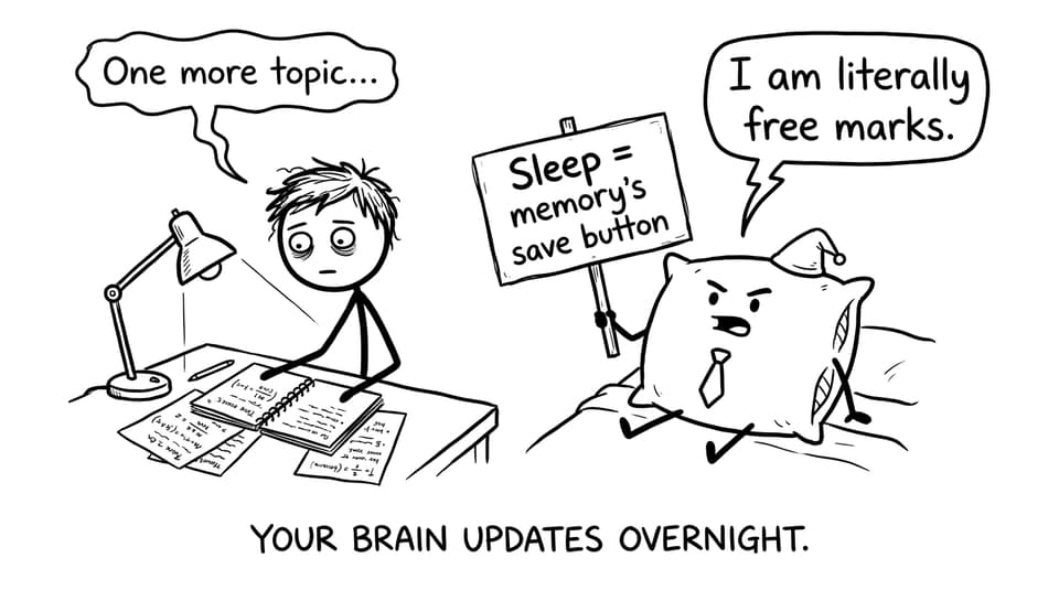 A pillow lectures a student about sleep saving memory