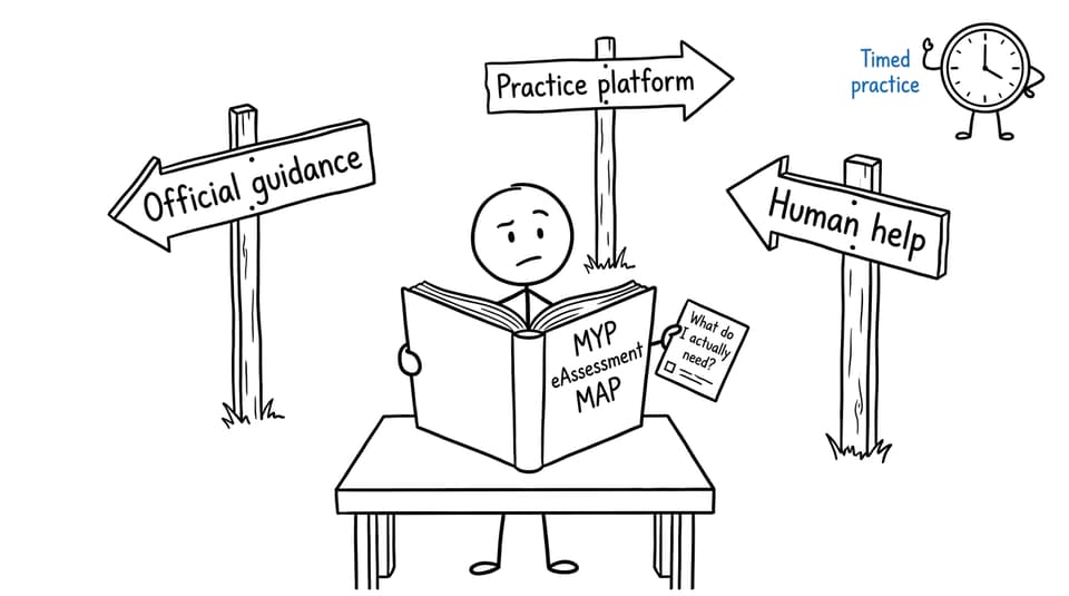 A student choosing among official guidance, a practice platform, and human help
