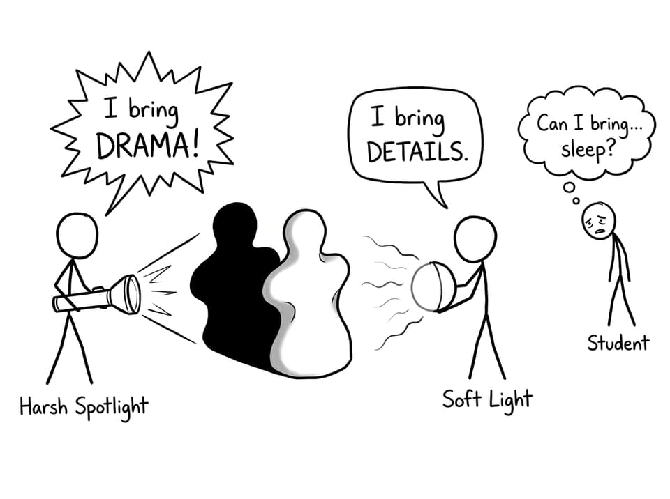 Spotlights arguing about drama vs detail
