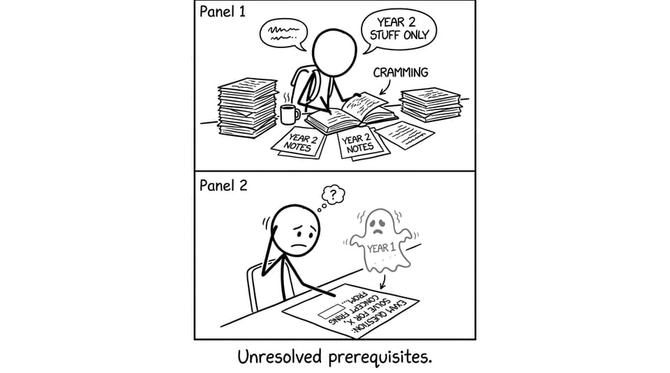 A ghost labeled Year 1 haunts a Year 2 cram session