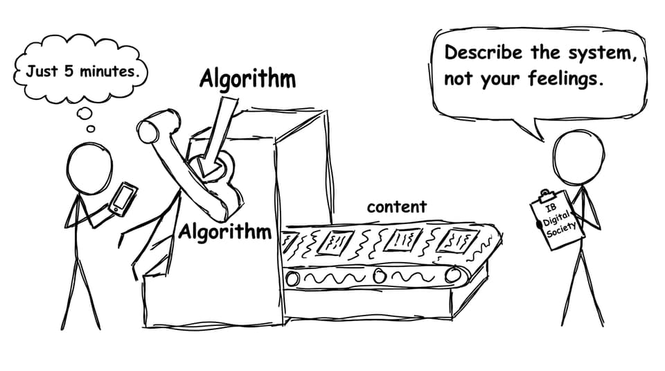 A student gets pulled by the "Algorithm" lever in XKCD style