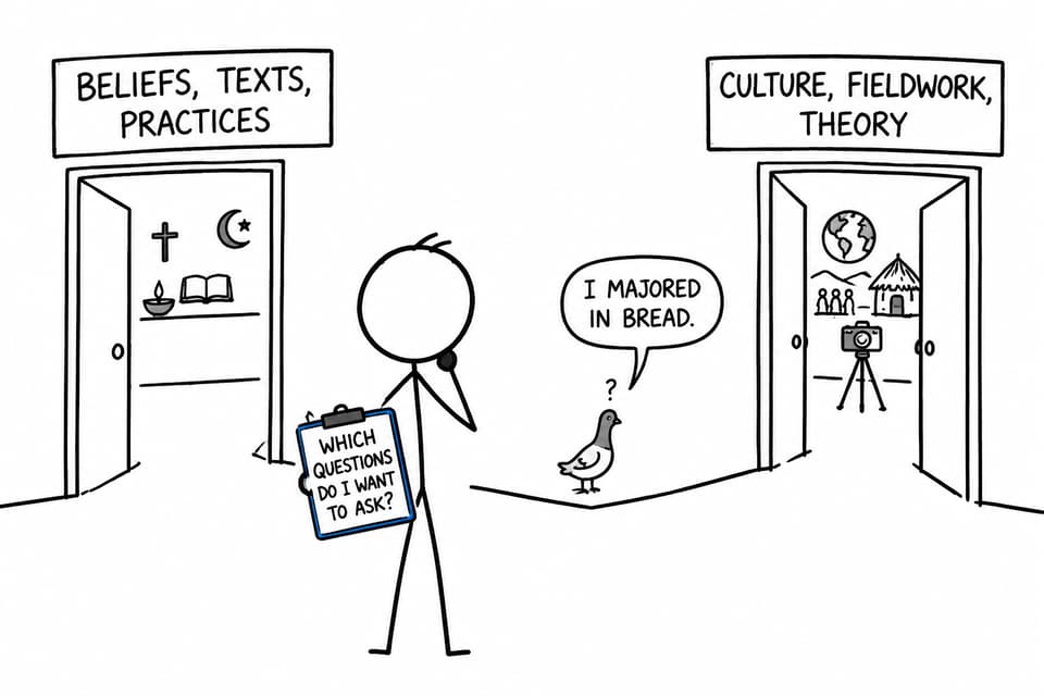 A student choosing between doorways for beliefs and practices or culture and fieldwork while a pigeon jokes about studying bread