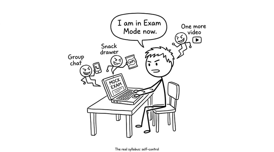 A student faces distraction villains while starting Exam Mode