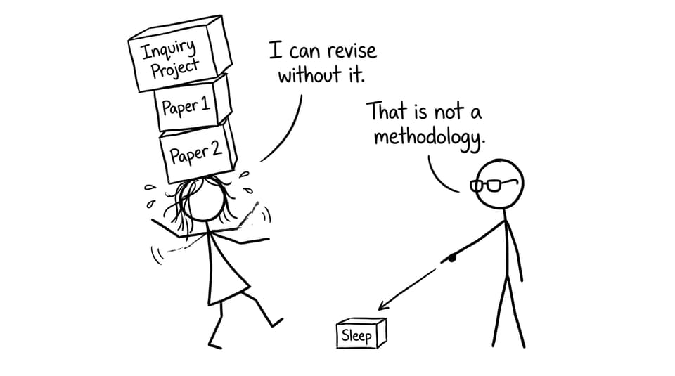 Juggling exam components joke in XKCD comic style