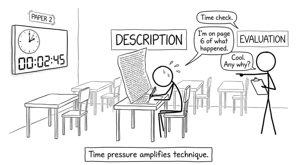 A student writes six pages of description while evaluation waits impatiently