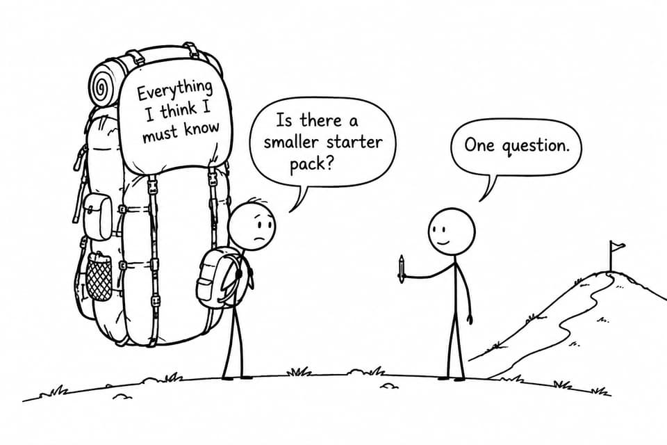 A student carrying a huge bag of knowledge asks for a smaller starter pack while another person offers one question