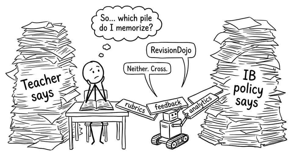 Stick-figure bridge between “Teacher says” and “IB policy says”