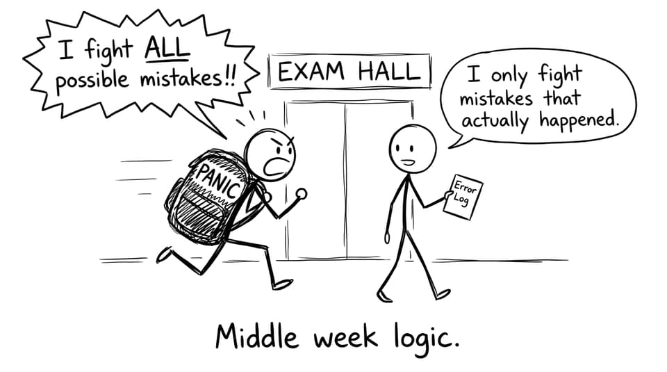 Two students: one runs with Panic, one carries an Error Log