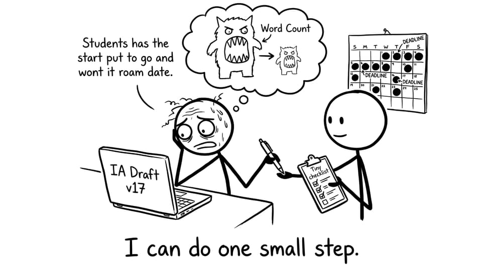 A student shrinking the Word Count monster with tiny checklist steps