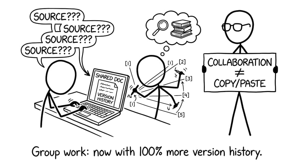 Shared doc chaos: “SOURCE???” and a teacher sign “Collaboration != Copy/Paste”