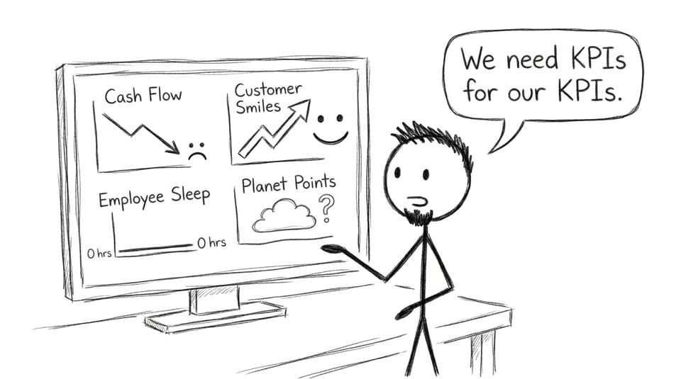 Founder stares at a KPI dashboard with absurd metrics