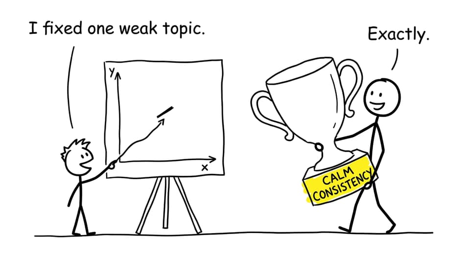 A student celebrates fixing one weak topic while a parent presents a trophy for calm consistency