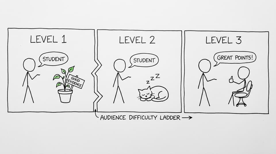 A student's rehearsal audience progresses from a houseplant to a cat and then a supportive person