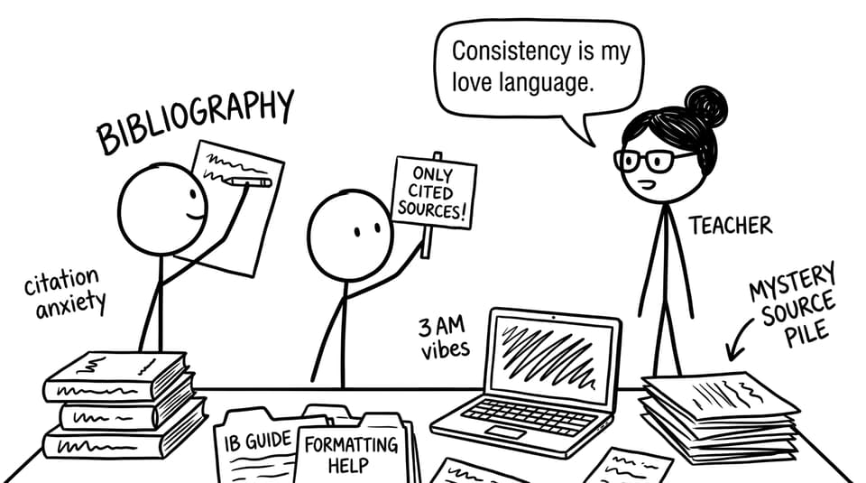 A student arguing with “Bibliography” vs “Only cited sources!”