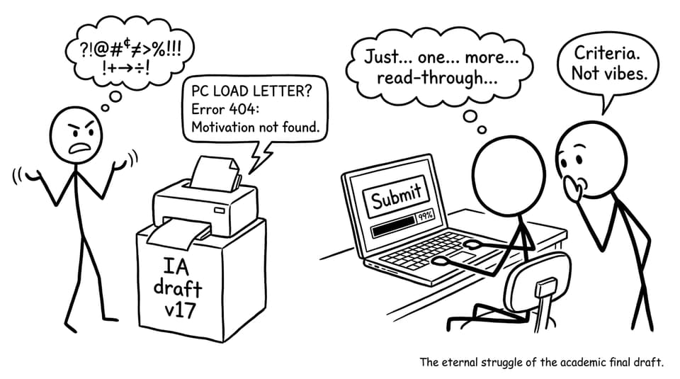 Arguing with a printer labeled IA draft v17, laptop says Submit, friend says Criteria not vibes
