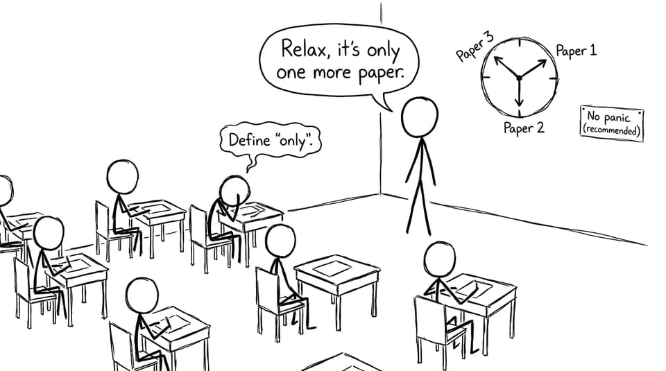 Mock exam hall with three paper hands