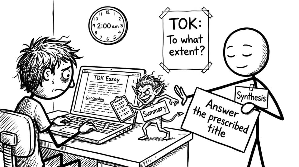 A student battles the “Summary” gremlin in a TOK conclusion