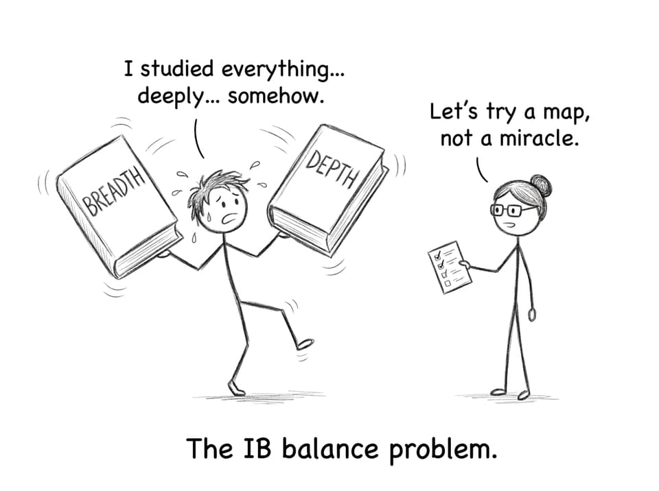 A student juggling breadth and depth while a teacher offers a checklist