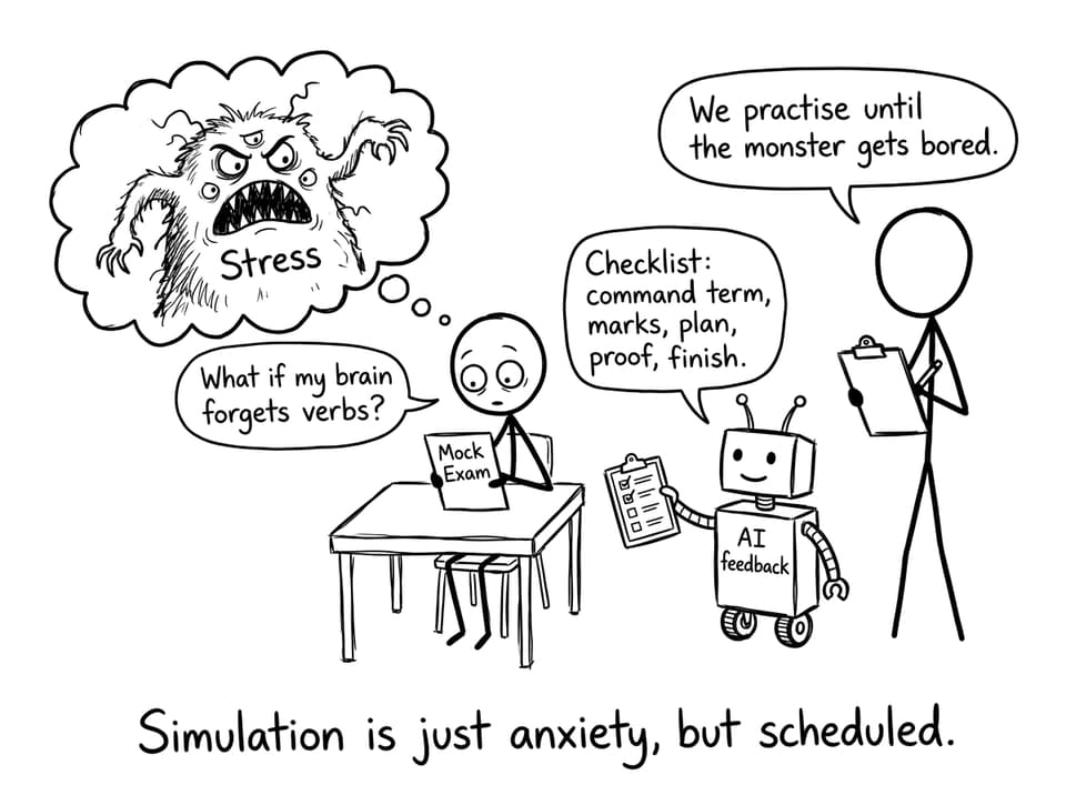 Student facing stress monster with AI checklist