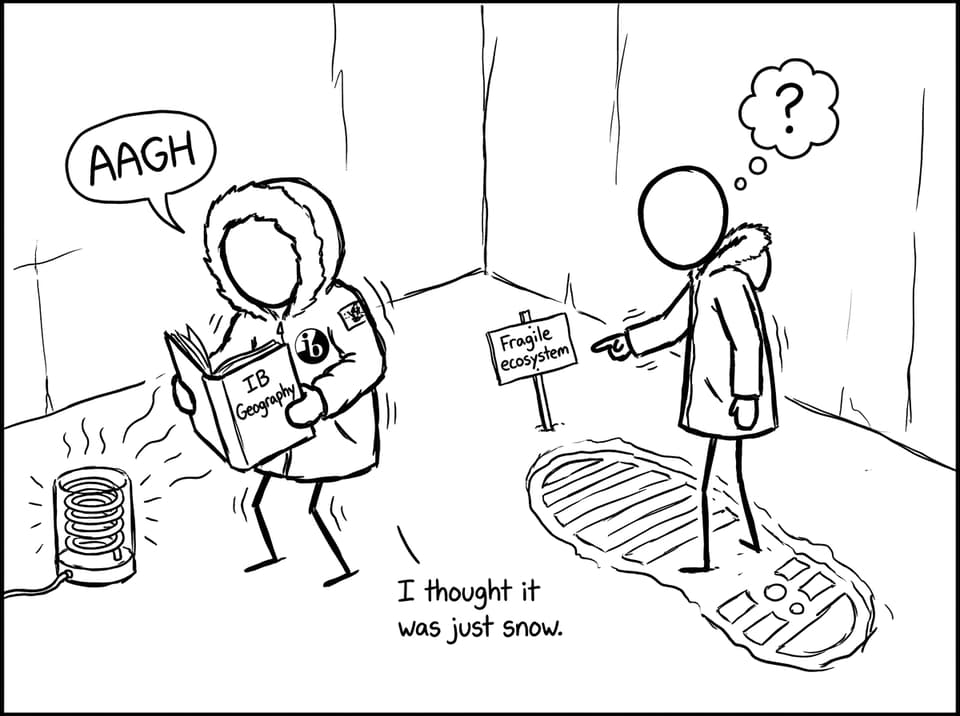 Two IB students in a polar station joke about fragility