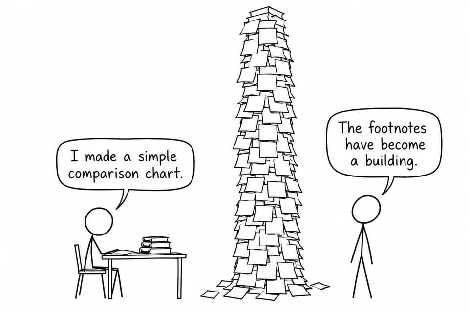 A student explains that a simple comparison chart has grown into a building-sized tower of footnotes