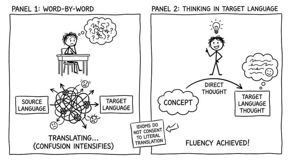 Two-panel: tangled translation vs smooth thinking