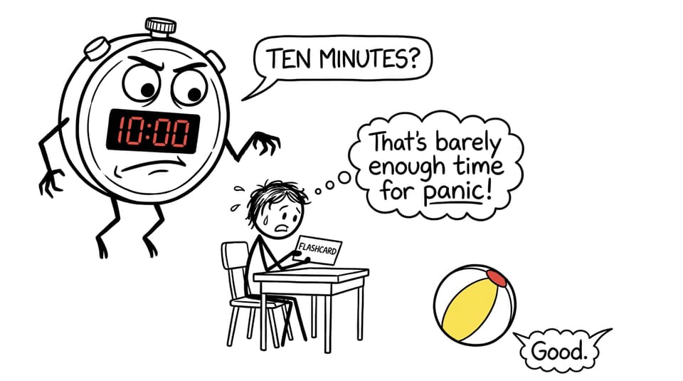 A stopwatch monster is disappointed by a calm ten-minute study session